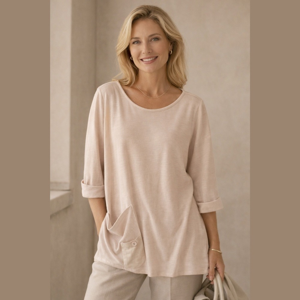 NEW Soft Surroundings Womens 1X Pocket‎ Tunic Top 3/4 Sleeve Minimal Laggenlook